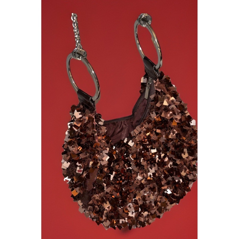 Vintage Y2K Bisou Bisou Brown Sequin purse metallic Slouchy Crescent weighted
